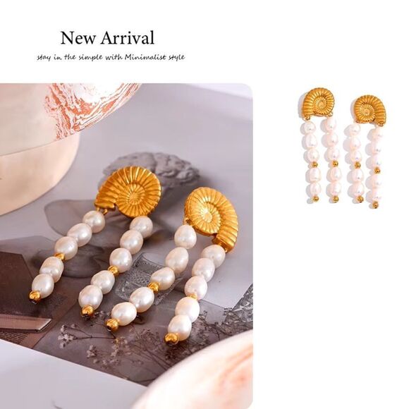 Gold Plated Stainless Steel Nautilus Pearl Drop Earring - Picture 5 of 14